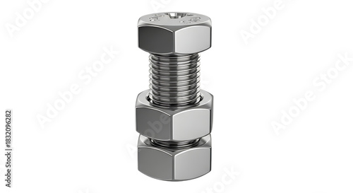 Hexagonal Bolt and Nut Fastener, Metallic Sheen, cutout, PNG isolated on white or transparent background
