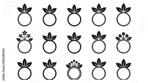 Fifteen black and white floral ring designs on a white background