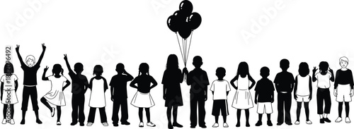 Children group silhouettes, diverse kids standing, playful poses, balloon holding, party scene, black icons, childhood gathering, festive moment, flat vector