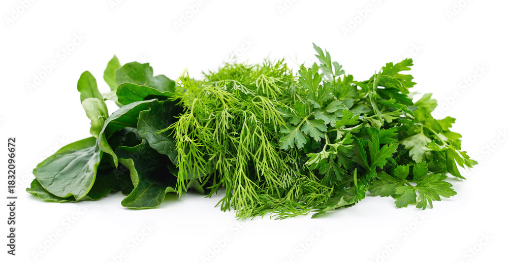 Fototapeta premium Fresh arugula dill and parsley leaves isolated on white background.