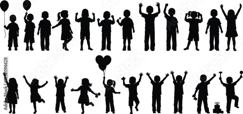 Children silhouettes celebrating, holding balloons and toys, joyful poses, festive activity, playful movement, happy kids group icons, flat vector