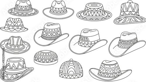 Line art illustration of various patterned hats on a white background