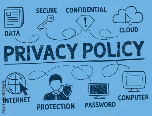 privacy policy concept doodle illustration featuring hand drawn security icons data protection symbols digital safety elements ideal for compliance presentations website guidelines marketing materials