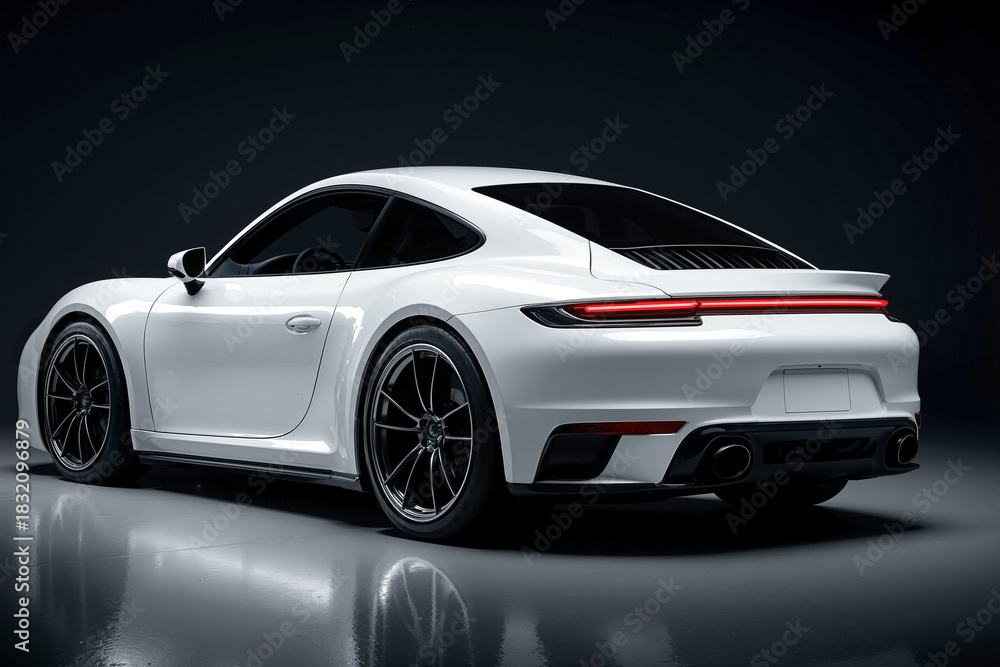 Obraz premium Sleek sports car with a glossy white finish and aerodynamic design, showcasing modern engineering and luxury aesthetics in a dramatic lighting environment