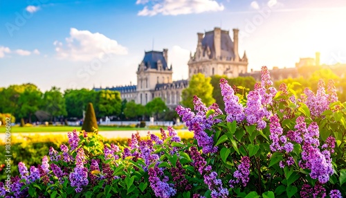 Fototapeta Naklejka Na Ścianę i Meble -  Sunny view of a landmark, park with blooming purple flowers, trees, lawn, and an elaborate architectural structure