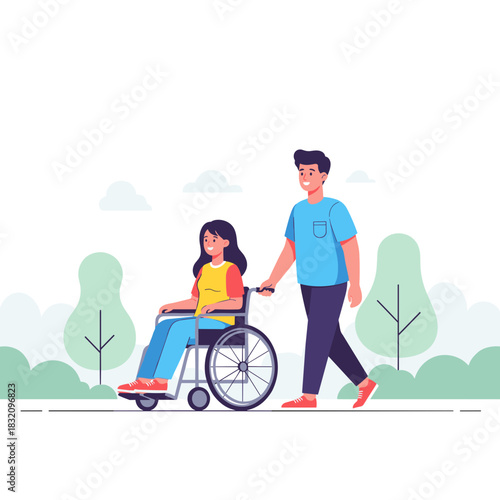 Young disabled woman in wheelchair being pushed by man in park  