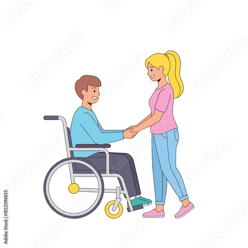 Young disabled man in wheelchair holding hands with woman  