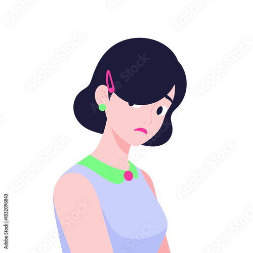 Shy Latina woman with dark hair in a pastel top showing concern  