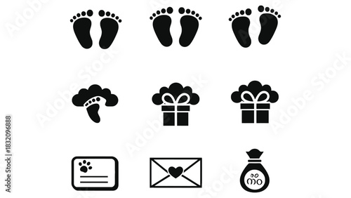Various black and white icons including footprints gifts and envelopes