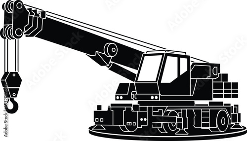Mobile crane silhouette, telescopic boom arm, heavy lifting equipment, construction machinery, industrial transport tool, black icon design, flat vector