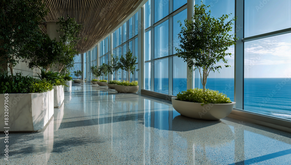 Fototapeta premium Modern indoor walkway with large windows overlooking the ocean and lush potted plants