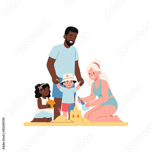 Interracial family building sandcastle on beach during summer  
