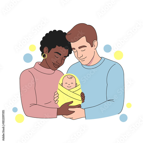 Interracial couple holding newborn baby wrapped in yellow blanket  