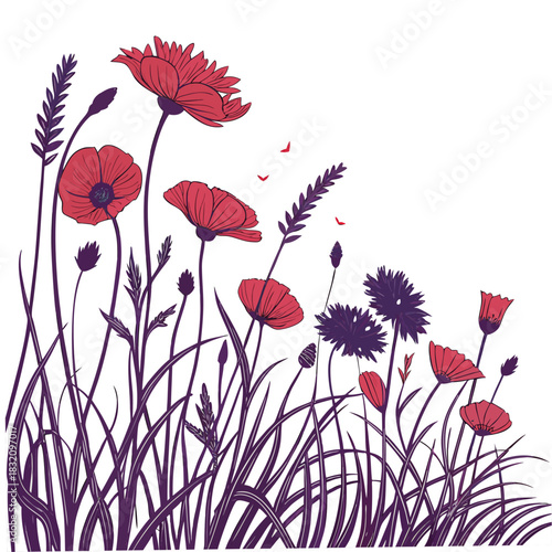 Stylized red poppies and blue cornflowers bloom in a field of purple grass under a white sky