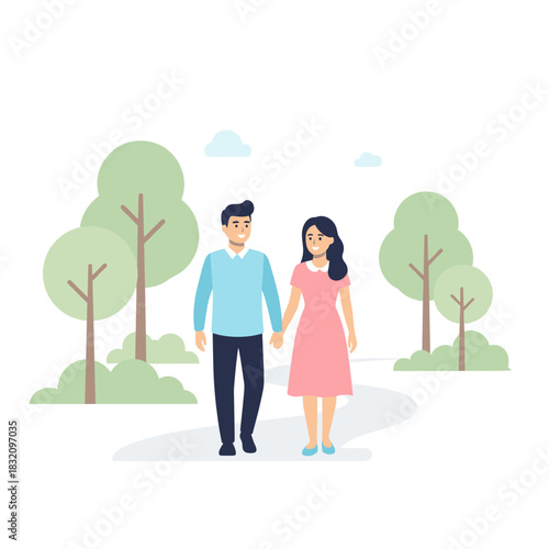 Hispanic couple walking hand in hand in park with green trees  