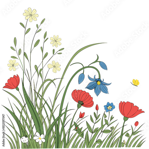 Whimsical hand drawn meadow scene with red poppies bluebells yellow daisies and a butterfly