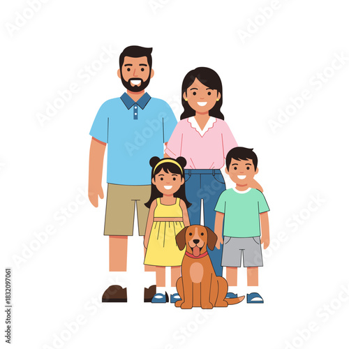 Hispanic family with dog smiling together in casual clothing  