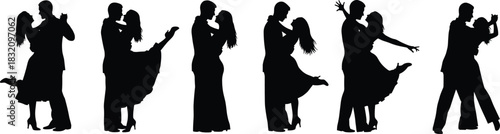 Dancing couple silhouettes, ballroom poses, elegant movement, formal attire, romantic dance, black icons, graceful steps, partner rhythm, flat vector