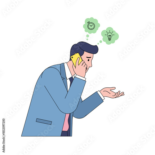 Distracted businessman talking on the phone with ideas in thought bubbles  
