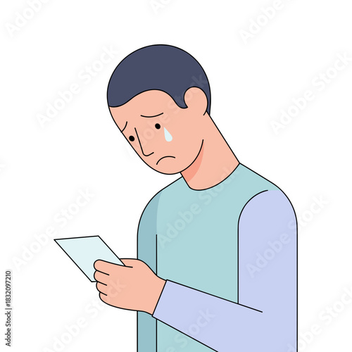 Man reading paper with sad expression and tear on white background  