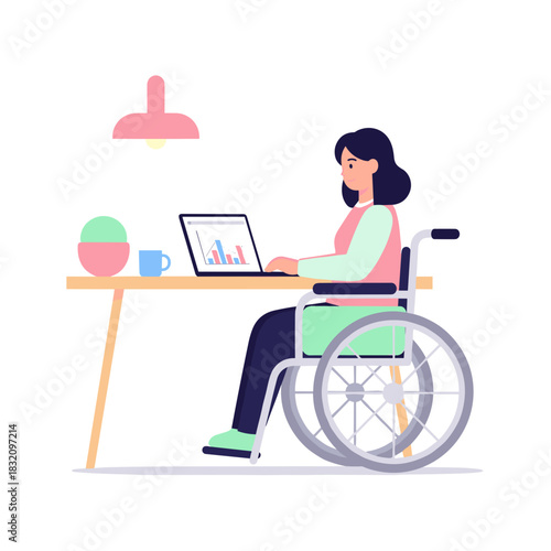 Disabled woman working on laptop while sitting in wheelchair at home  