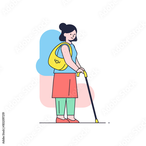 Disabled woman standing with cane and yellow backpack in bright colors  