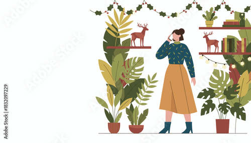 Woman on phone in cozy home jungle decorated for Christmas holidays