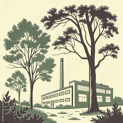 Vintage industrial factory building with a tall smokestack surrounded by lush green trees and foliage