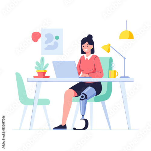 Disabled woman working on laptop at desk with prosthetic leg  