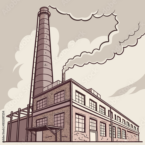 Vintage industrial factory building with tall smokestack emitting smoke against a cloudy sky