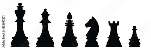 Chess piece icons. Simple game element illustration. Silhouette of king, queen, horse, pawn, rook and soldier chess piece on a white background. Vector illustration.