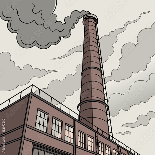 Industrial factory building with tall smokestack emitting smoke against a cloudy sky