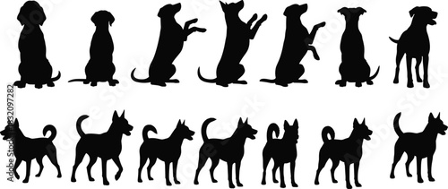 Dog silhouettes in playful and alert poses, sitting, standing, walking, breed variety, black icons, pet posture design, flat vector