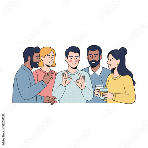 Group of friends talking and interacting while enjoying coffee  