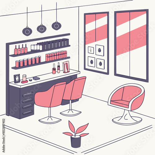 Modern hair salon interior with pink chairs shelves of products and large windows