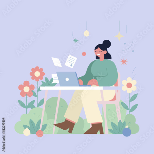 Happy woman working on a laptop in a vibrant natural setting Remote work and successful digital productivity