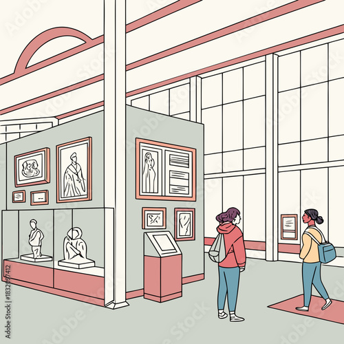 Two women observe artwork and sculptures displayed in a modern art gallery exhibition hall