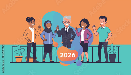 Diverse business team celebrating 2026 corporate goals Success teamwork and future planning illustration