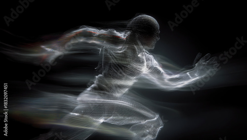 Abstract light painting of a running figure in motion against a dark background