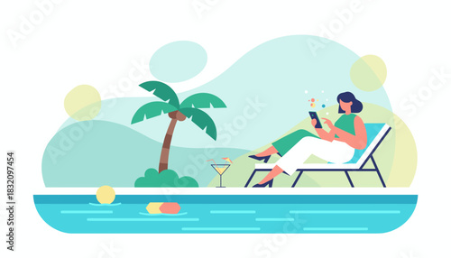 Relaxing poolside woman uses phone tropical leisure digital connection