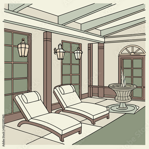 Relaxing outdoor lounge area with chaise lounges and a small fountain under a covered patio