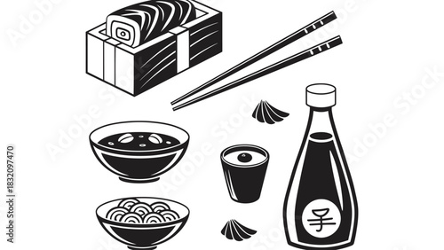 Black and white illustration of japanese food with sushi and soy sauce