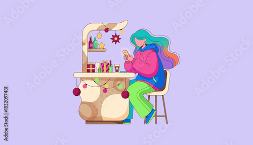 Woman using smartphone at a vibrant holiday bar counter with gifts and ornaments