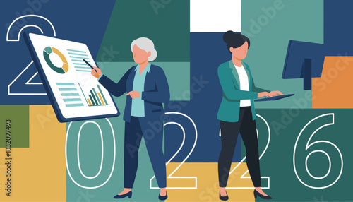 Professional women analyze 2026 financial data and business strategy using charts and computers