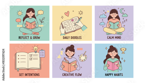 Personal development routines collage wellness mindfulness journaling reading and happy habits