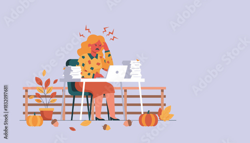 Overwhelmed businesswoman stressed by heavy autumn workload and tight deadlines