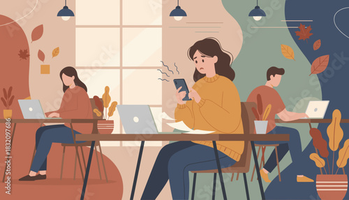 Employee feels anxiety from her phone while working remotely during autumn
