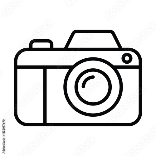 Simple line art camera icon for photography, visuals, and media isolated on white background, Vector