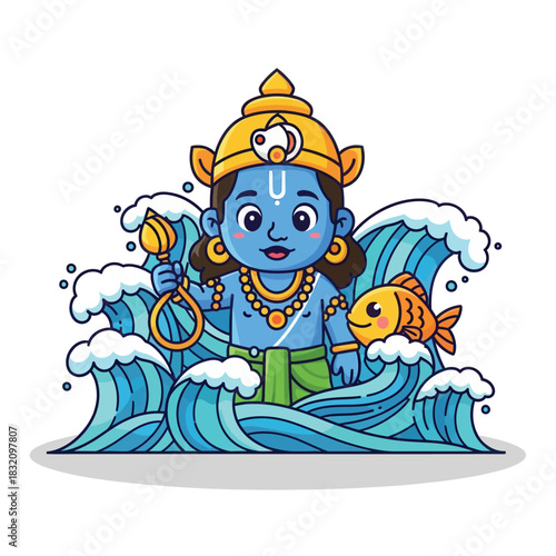 Adorable Matsya avatar illustration with vibrant waves for children's books or Hindu festival greetings with playful stylized design