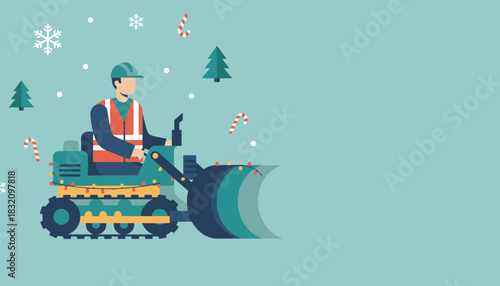 Worker in snowplow decorated for Christmas clearing snow in flat vector style